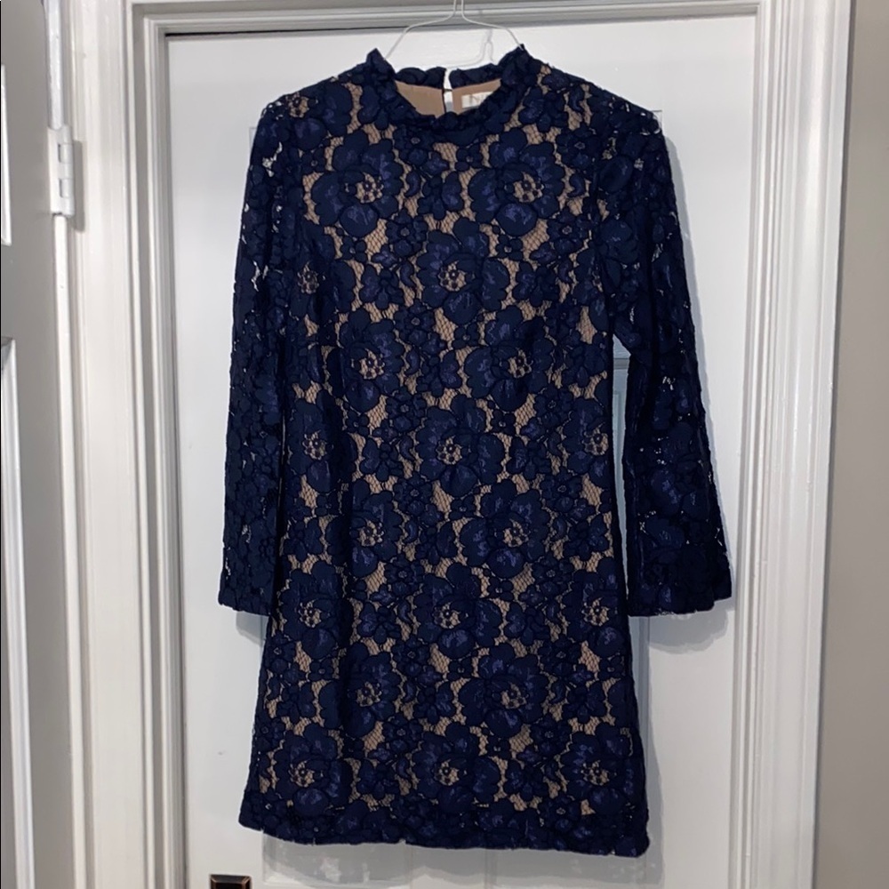 Wayf Navy Blue Lace Shift Dress with Nude Lining